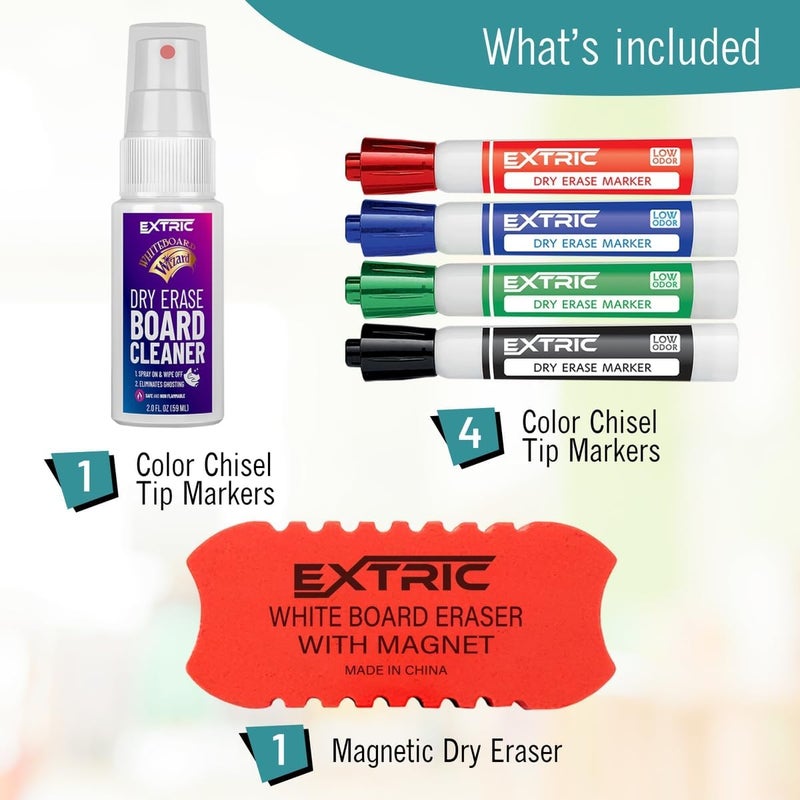 EXTRIC Dry Erase Markers Chisel Tip Set, 4 Whiteboard Markers, Whiteboard Cleaner and Eraser, Low Odor Dry Erase Marker with Eraser Bundle for Home, Teachers Supplies, and School Supplies - Image 2